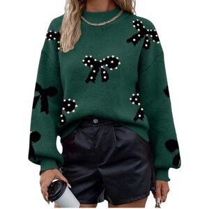 NEW Pearl Bow Embellished Long Sleeve Sweater Holiday Coquette